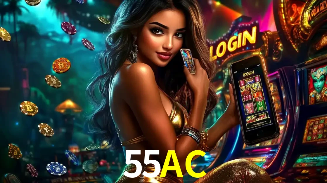 Mulher em um cenário de cassino temático de aventura, mostrando o app de caça-níqueis da 55AC no celular. Fichas de apostas flutuam ao redor.