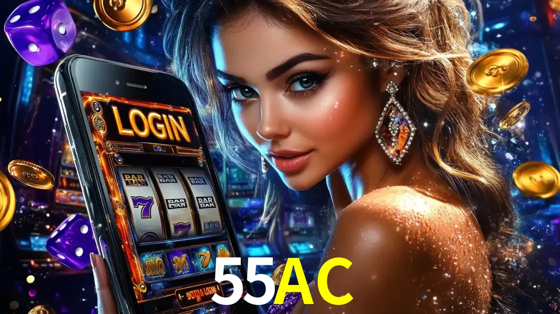 Mulher glamorosa segurando um smartphone com a tela de login para os jogos de caça-níqueis do cassino online 55AC, com moedas de ouro e dados ao redor.