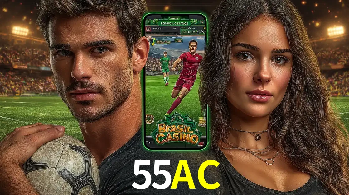 Homem segurando uma bola de futebol e uma mulher ao lado de um smartphone exibindo o jogo de apostas esportivas da 55AC. Faça seu palpite no cassino online.